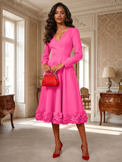 Formal Evening Gown Crimson 3D Rose Hem A-Line Midi Dress