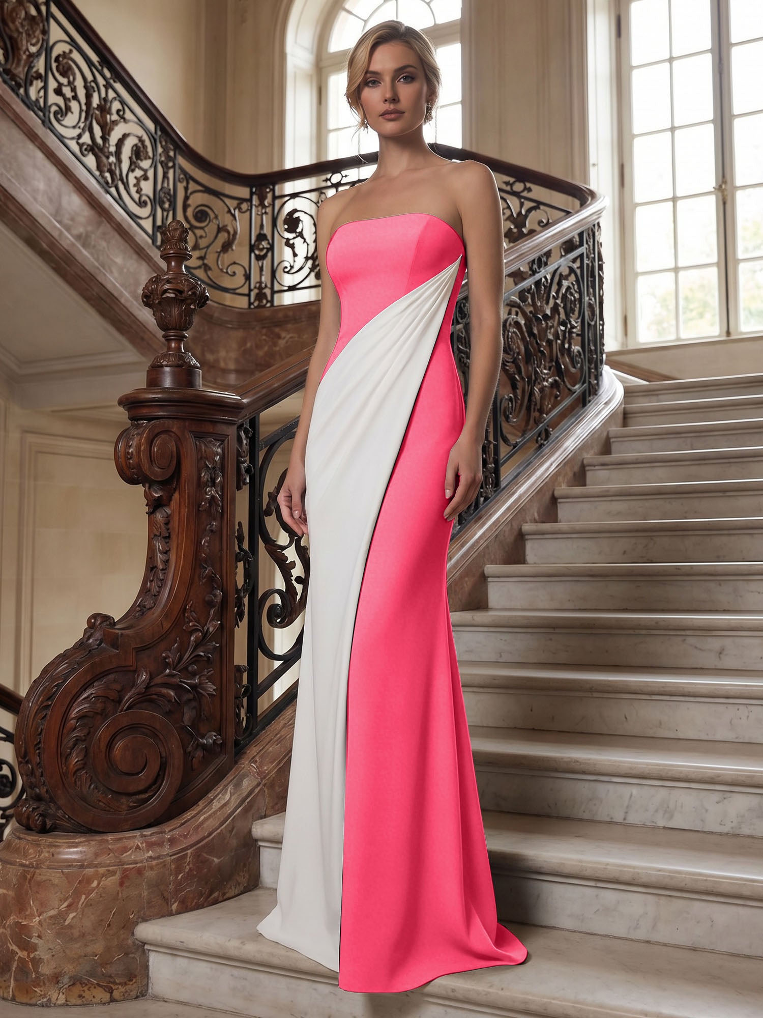 Black White Sheath Strapless Elegant Maxi Formal Dress