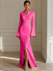 Formal Yellow V Neck Long Sleeves Floor Length Dress With Slit