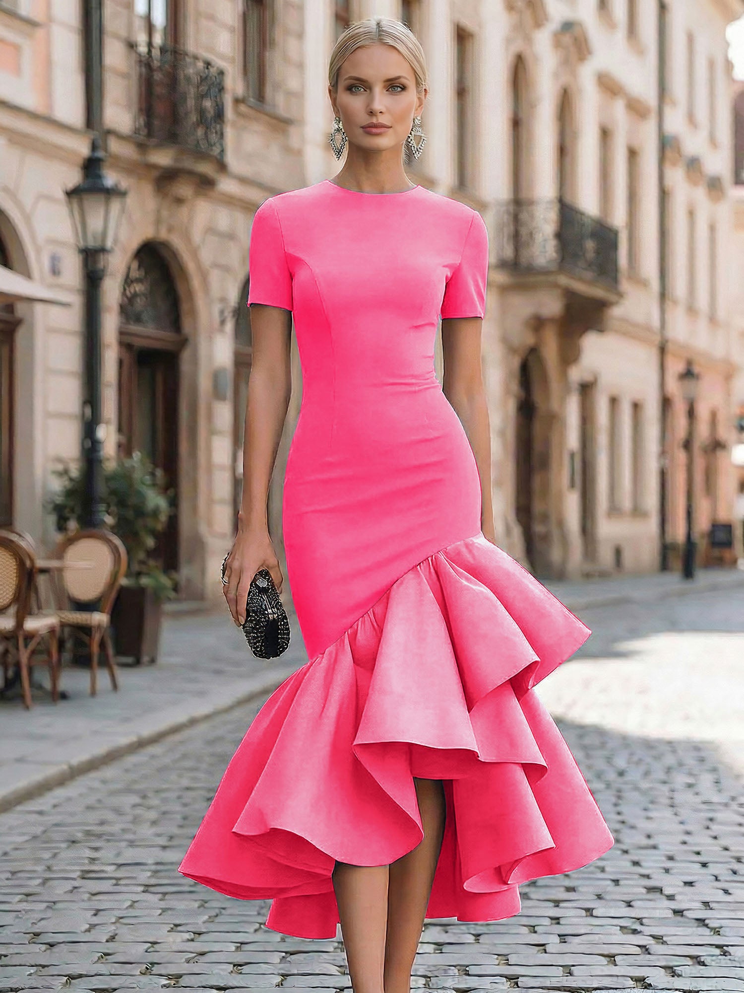 Evening Foraml Gown Avant-Garde Black Short-Sleeve Tiered Ruffle Midi Dress