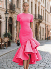 Evening Foraml Gown Avant-Garde Black Short-Sleeve Tiered Ruffle Midi Dress