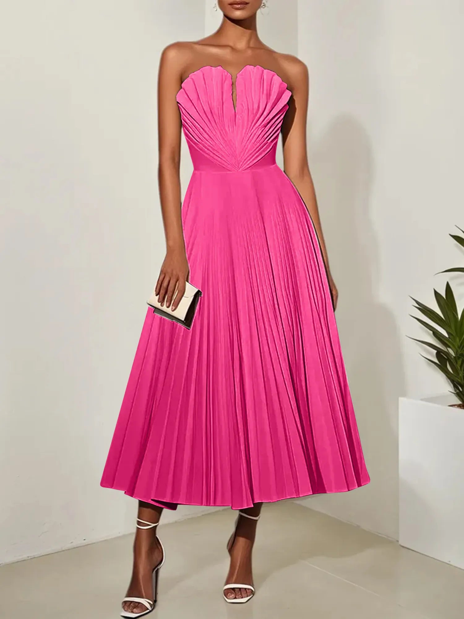 White Pleated Classic Strapless Sleeveless A-Line Midi Dress