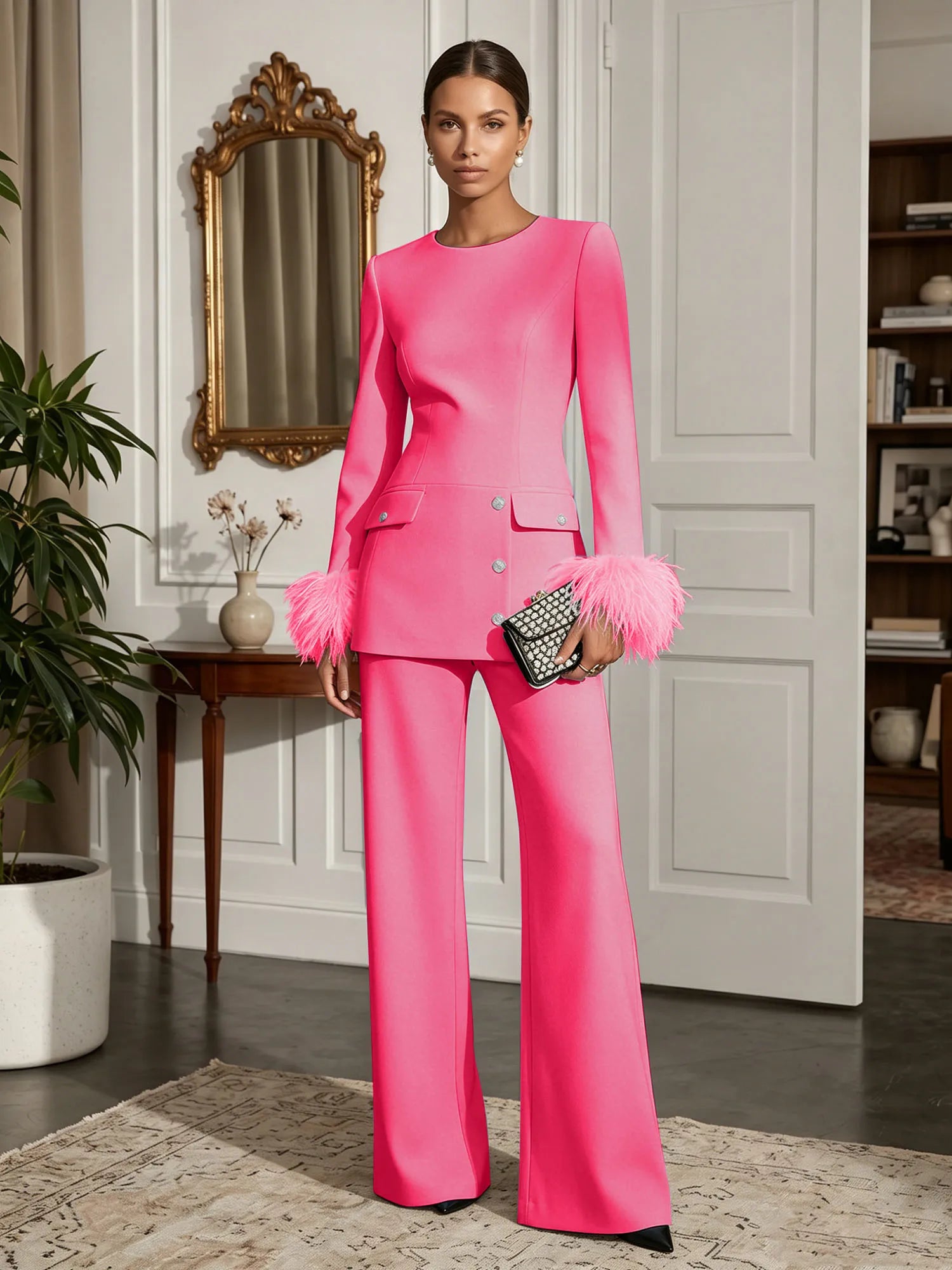 Women's White Two-Piece Set: Buckle Detail Feather-Trimmed Top & Straight-Leg Pants