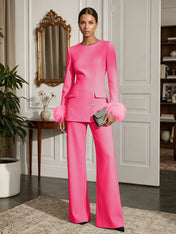 Women's White Two-Piece Set: Buckle Detail Feather-Trimmed Top & Straight-Leg Pants