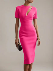 Red Sheath/Column Stretch Crepe Scoop Neck Short Sleeves Tea Length Dresses