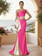One Shoulder Mermaid Satin Pleat Evening Dresses with Bow