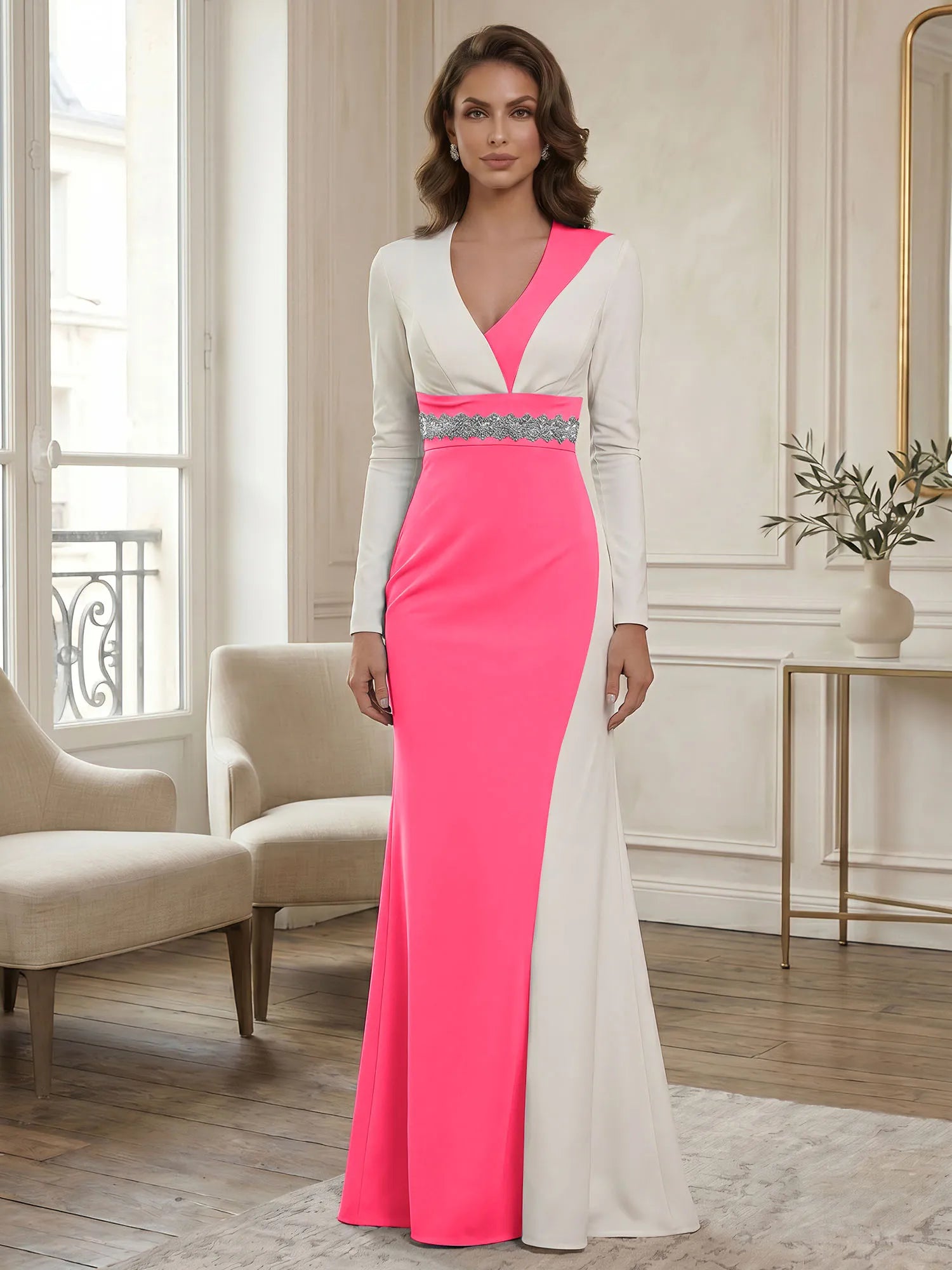Elegant Navy & White Color-Block Long Sleeve Floor-Length Evening Gown Formal Dresses