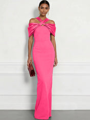 Regal Plum Crepe Column Gown with Satin Criss-Cross Halter Maxi Dress