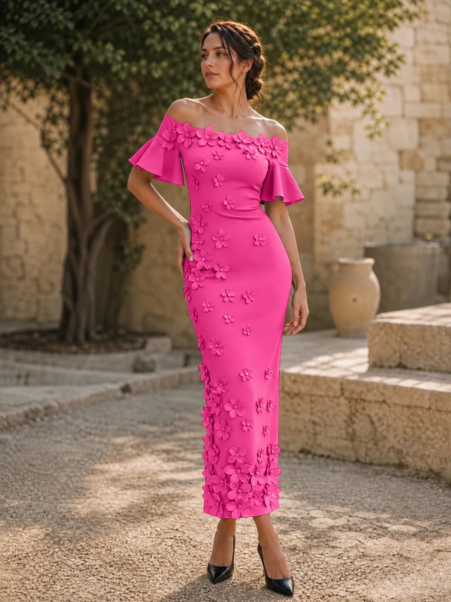 Black 3D Floral Off-The-Shoulder Ankle-Length Gown Dress