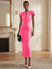 White Ruched Classic Notched Short Sleeve Puff Sleeve Sheath Midi Dress