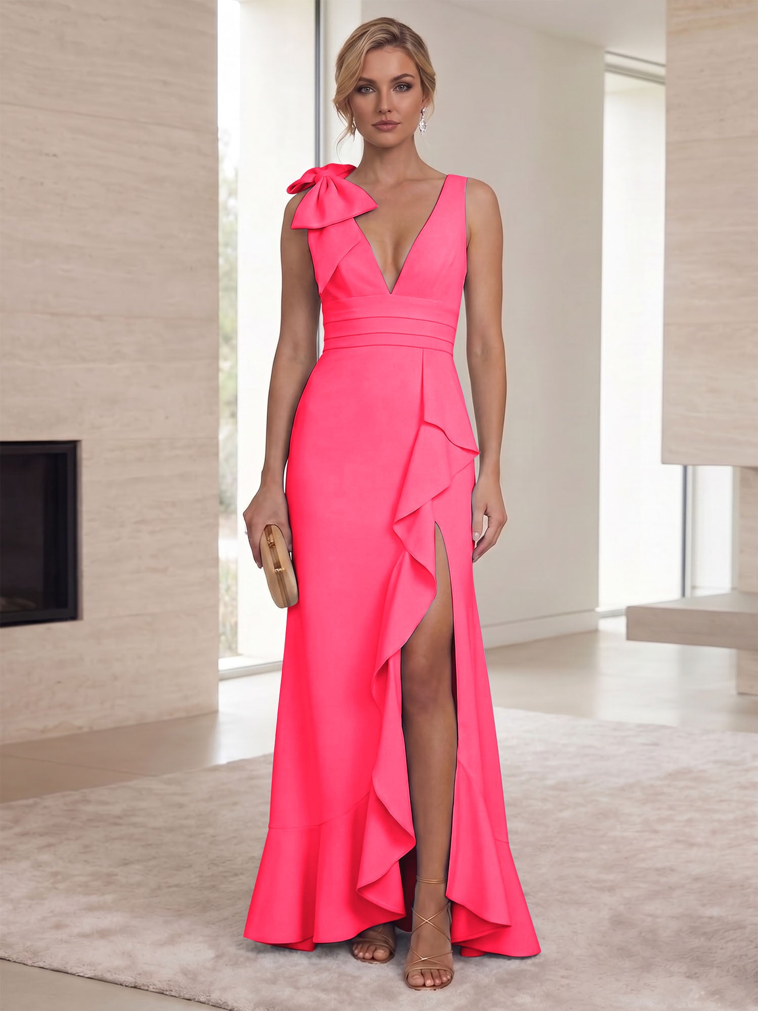 Ice Blue Bow-Accent Ruffle Slit Gown Formal Evening Dress