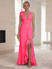 Ice Blue Bow-Accent Ruffle Slit Gown Formal Evening Dress