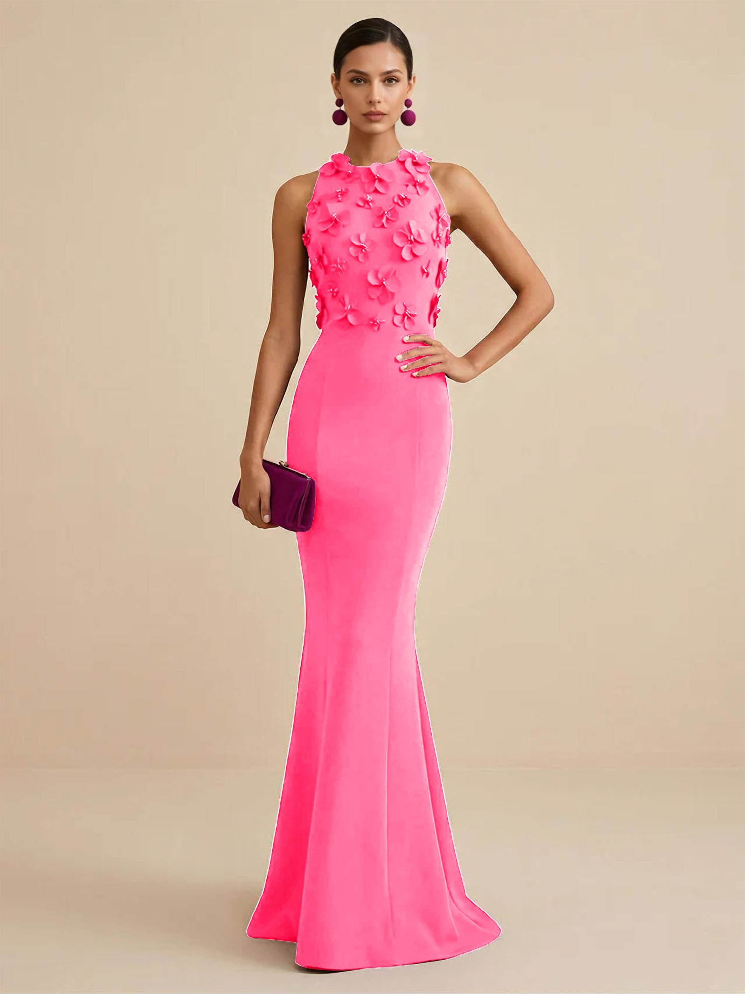 Deep Fuchsia Sleeveless High Neck 3D Floral Mermaid Formal Gown Evening Dress