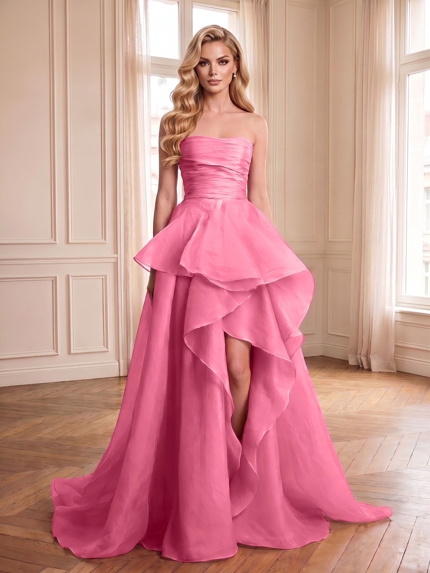 Formal Evening Tiered Dress Pink Strapless Maxi Gown