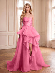 Formal Evening Tiered Dress Pink Strapless Maxi Gown