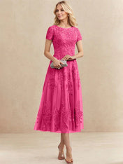 A-line Scoop Tea-Length Tulle Lace Mother of the Bride Dress