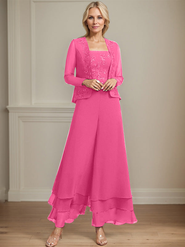 Robe de mère de la mariée en mousseline de soie, longueur cheville, avec sequins, combinaison/tailleur carré 