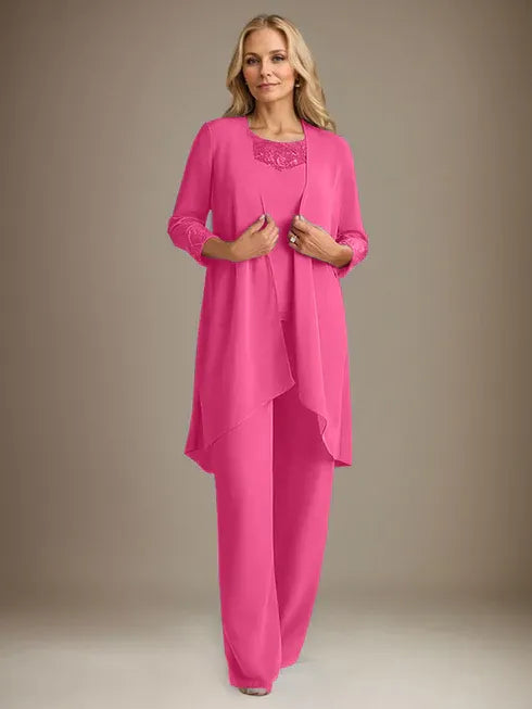 Chiffon Scoop Long Sleeves Mother Of The Bride Pantsuits With Jacket