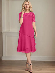 A-line Scoop Illusion Knee-Length Lace Chiffon Mother of the Bride Dress With Sequins
