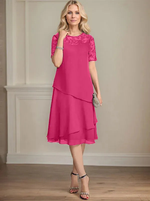 A-line Scoop Illusion Knee-Length Lace Chiffon Mother of the Bride Dress With Sequins