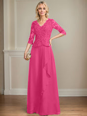 A-line V-Neck Floor-Length Lace Chiffon Mother of the Bride Dress With Cascading Ruffles Sequins