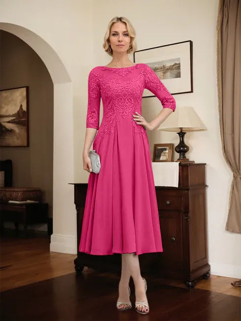 A-line Scoop Illusion Tea-Length Chiffon Lace Mother of the Bride Dress With Beading Sequins