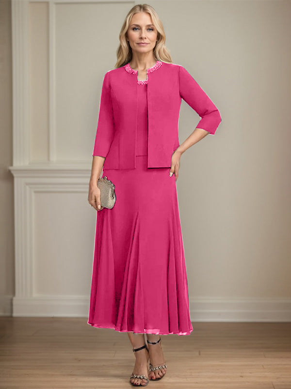 Separates A-line Scoop Tea-Length Chiffon Mother of the Bride Dress With Sequins Beading