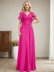 A-line V-Neck Floor-Length Lace Chiffon Mother of the Bride Dress With Sequins