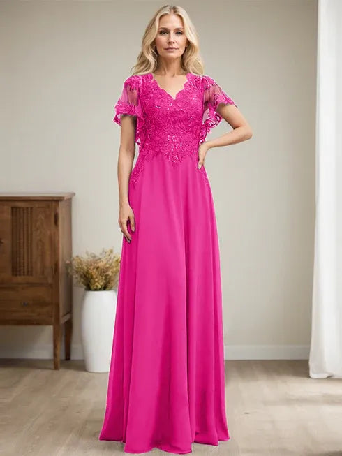 Dreamylily A-line V-Neck Floor-Length Lace Chiffon Mother of the Bride Dress With Sequins Dreamylily A-line V-Neck Floor-Length Lace Chiffon Mother of the Bride Dress With Sequins