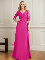 A-line V-Neck Floor-Length Lace Chiffon Mother of the Bride Dress With Pleated Sequins