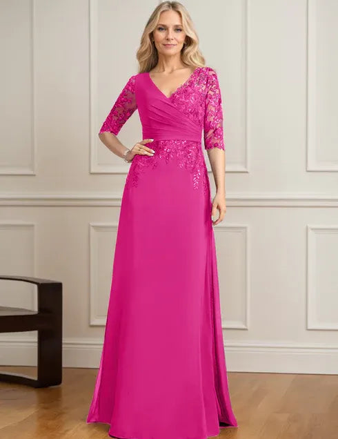 Robe de mère de la mariée trapèze, col en V, longueur au sol, en mousseline de soie et dentelle, avec sequins plissés 