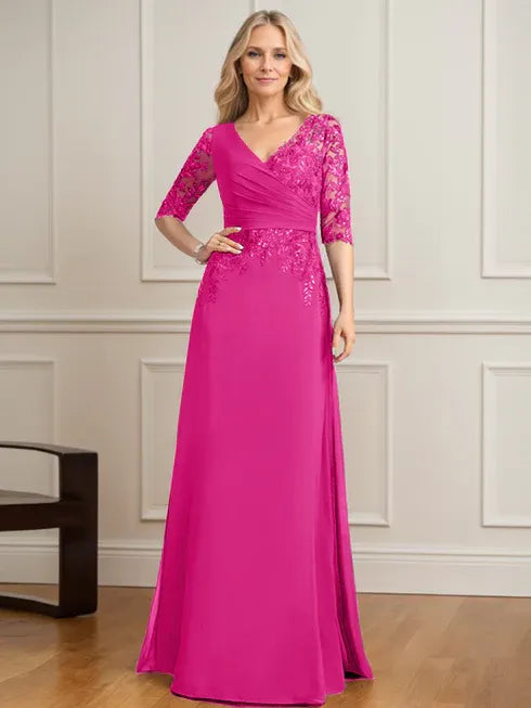 Robe de mère de la mariée trapèze, col en V, longueur au sol, en mousseline de soie et dentelle, avec sequins plissés 