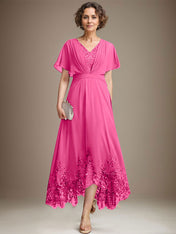 A-line V-Neck Asymmetrical Lace Chiffon Mother of the Bride Dress With Pleated