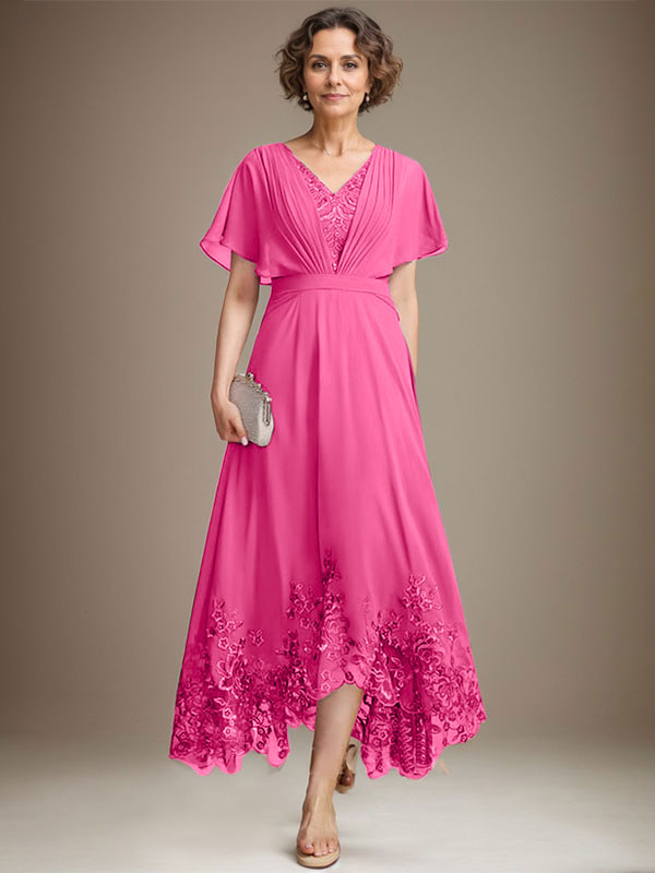 A-line V-Neck Asymmetrical Lace Chiffon Mother of the Bride Dress With Pleated