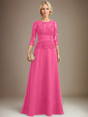A-line Scoop Illusion Floor-Length Chiffon Lace Mother of the Bride Dress With Pleated Sequins Beading
