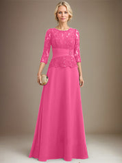 A-line Scoop Illusion Floor-Length Chiffon Lace Mother of the Bride Dress With Pleated Sequins Beading