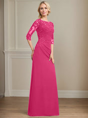 A-line Scoop Floor-Length Chiffon Lace Mother of the Bride Dress With Beading Pleated Sequins