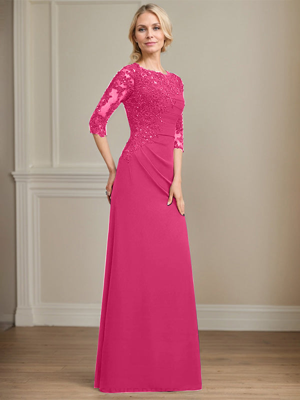 A-line Scoop Floor-Length Chiffon Lace Mother of the Bride Dress With Beading Pleated Sequins