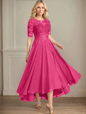 A-line Scoop Illusion Asymmetrical Chiffon Lace Mother of the Bride Dress With Sequins
