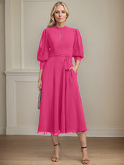 A-line High Neck Tea-Length Lace Chiffon Mother of the Bride Dress With Bow