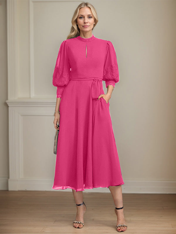 A-line High Neck Tea-Length Lace Chiffon Mother of the Bride Dress With Bow