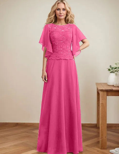 A-line Scoop Illusion Floor-Length Lace Chiffon Mother of the Bride Dress With Sequins