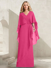 A-line V-Neck Floor-Length Chiffon Mother of the Bride Dress With Cascading Ruffles Beading