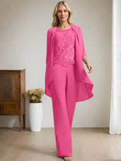 Separates Jumpsuit/Pantsuit Scoop Floor-Length Chiffon Lace Mother of the Bride Dress With Beading Sequins