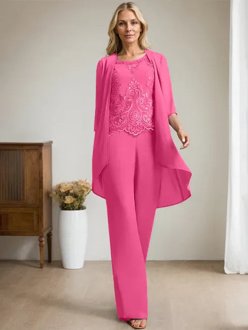 Pantsuit Scoop Floor-Length Chiffon Lace Mother of the Bride Dress With Beading Sequins