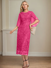 Sheath/Column Scoop Tea-Length Lace Chiffon Mother of the Bride Dress