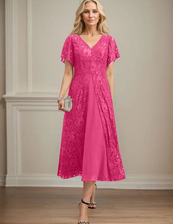 A-line V-Neck Tea-Length Lace Chiffon Mother of the Bride Dress