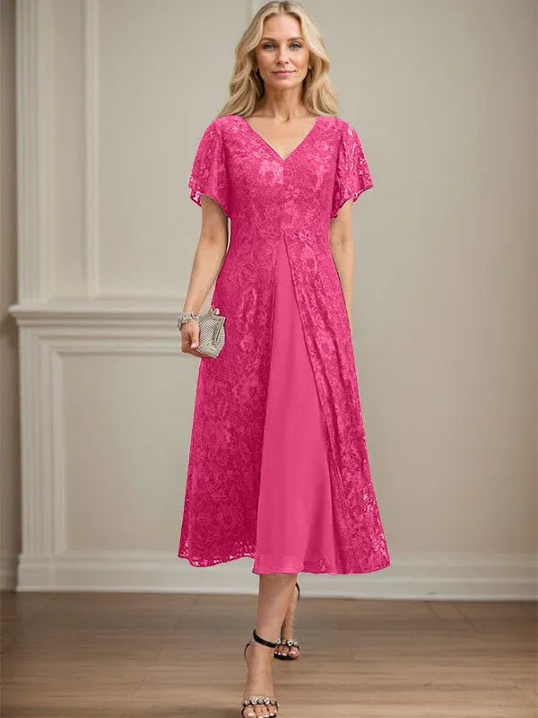 Robe de mère de la mariée en mousseline de soie, coupe trapèze, col en V et longueur thé 