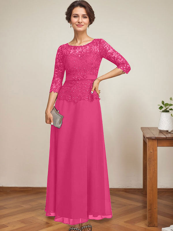 A-line Scoop Illusion Ankle-Length Chiffon Lace Mother of the Bride Dress With Rhinestone Beading