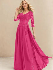A-line V-Neck Floor-Length Lace Chiffon Mother of the Bride Dress With Sequins